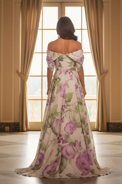 Off-the-Shoulder Floral A-Line Gown with Sash