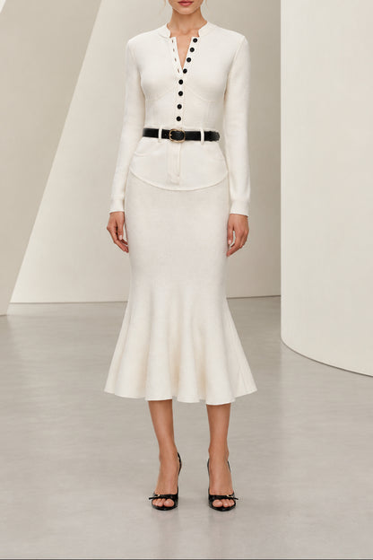 Long Sleeve Buttoned Knit Midi Dress with Belt