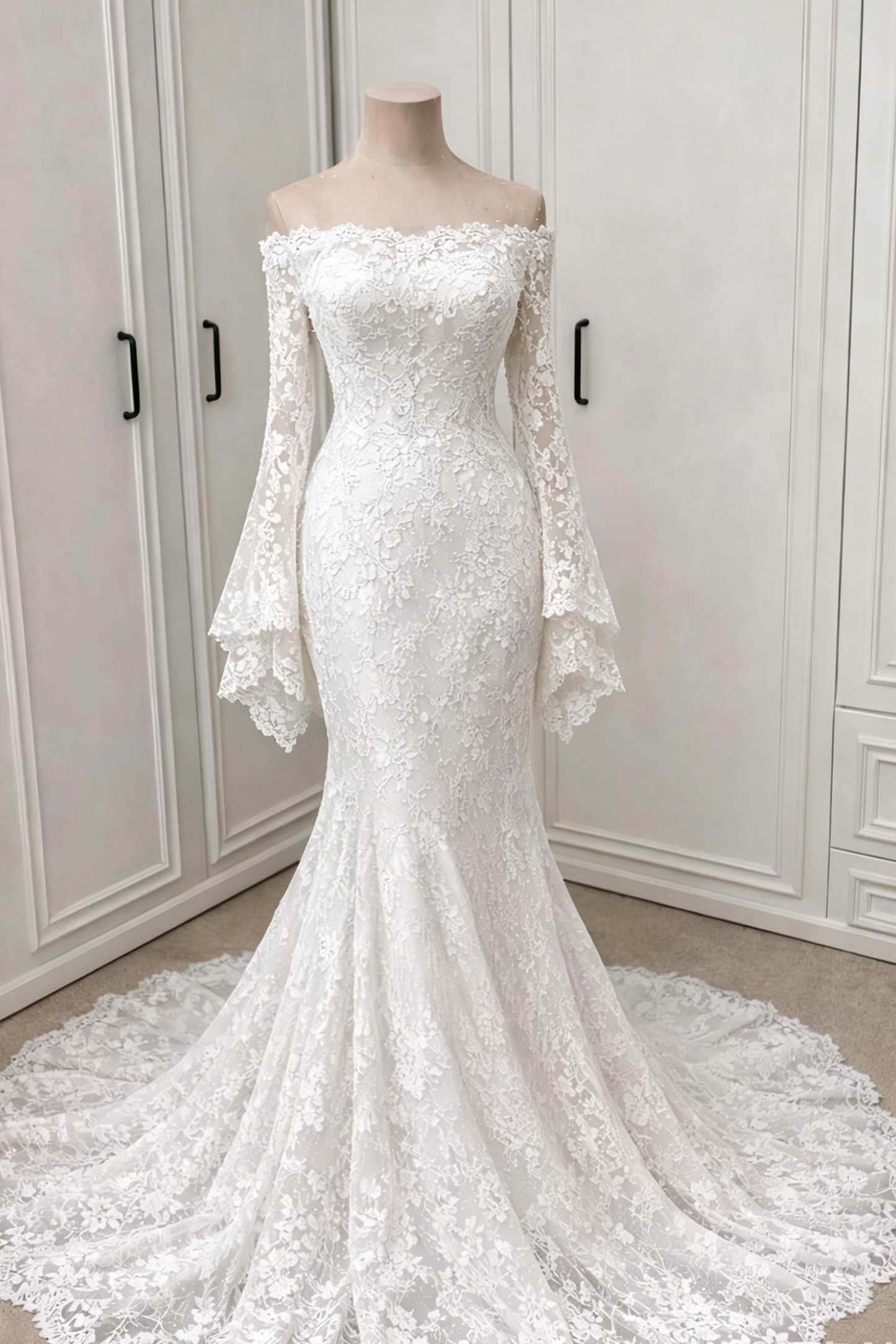 Off-Shoulder Lace Mermaid Gown with Bell Sleeves