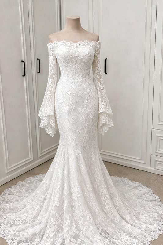 Off-Shoulder Lace Mermaid Gown with Bell Sleeves
