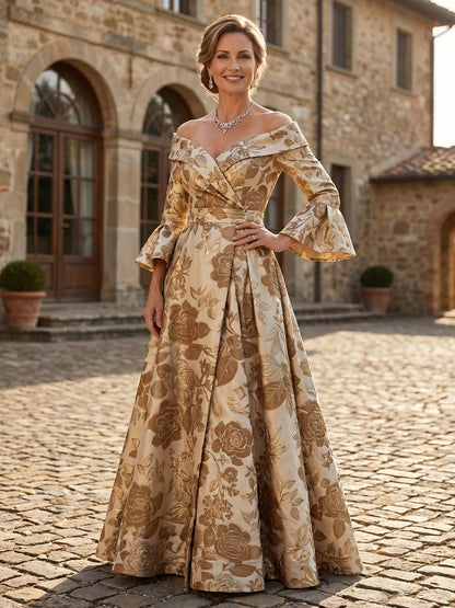 Off-the-Shoulder Jacquard A-Line Evening Gown