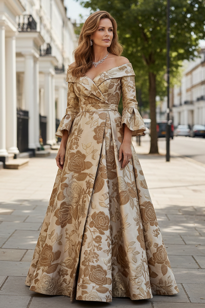 Off-the-Shoulder Jacquard A-Line Evening Gown