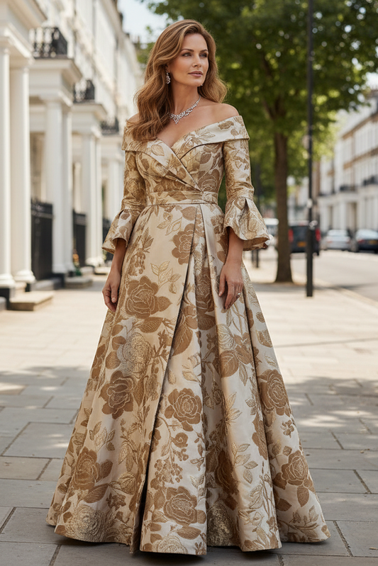 Off-the-Shoulder Jacquard A-Line Evening Gown