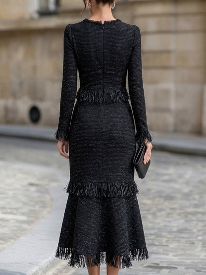 Fringe Trim Long Sleeve Trumpet Midi Dress
