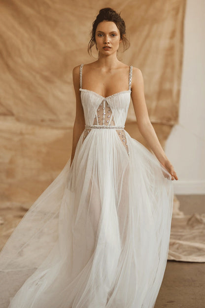 Corset Tulle A-Line Bridal Gown with Beaded Straps