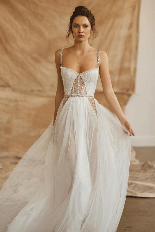 Corset Tulle A-Line Bridal Gown with Beaded Straps