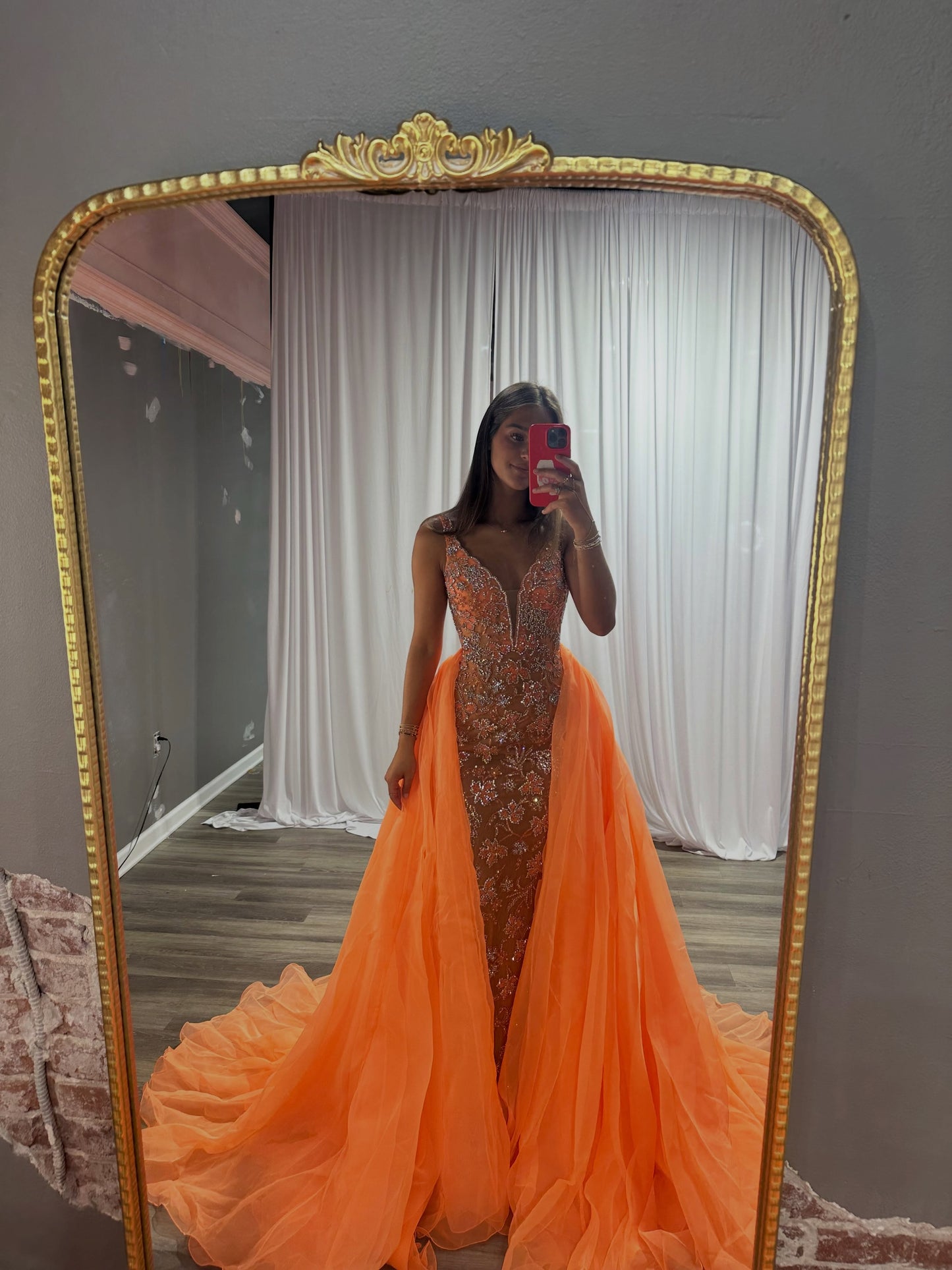 Sequin Sheath Evening Gown with Dramatic Overskirt
