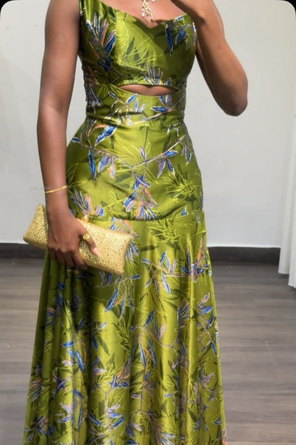 Floral Cut-Out Drop-Waist Midi Dress