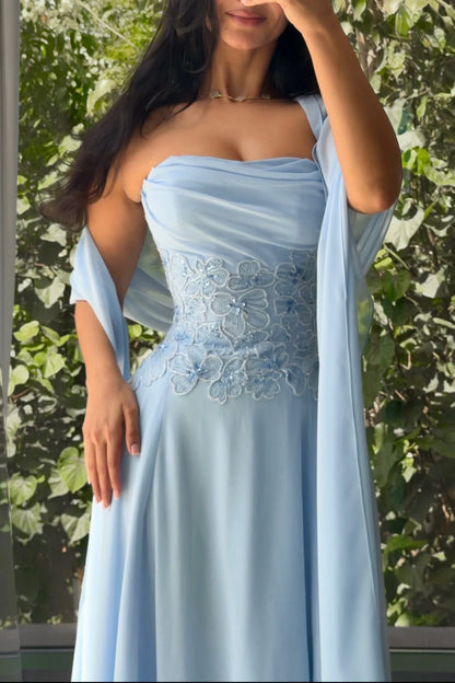 Strapless Floral Applique Corset Gown with Shawl