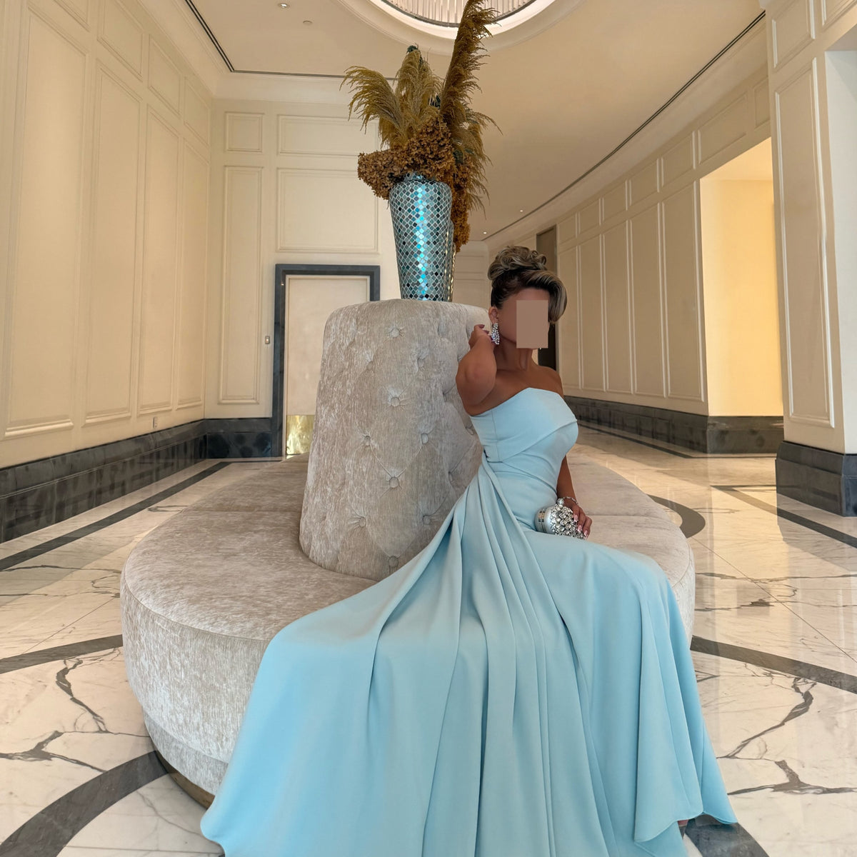 Strapless Asymmetric Bodice Gown with Back Train