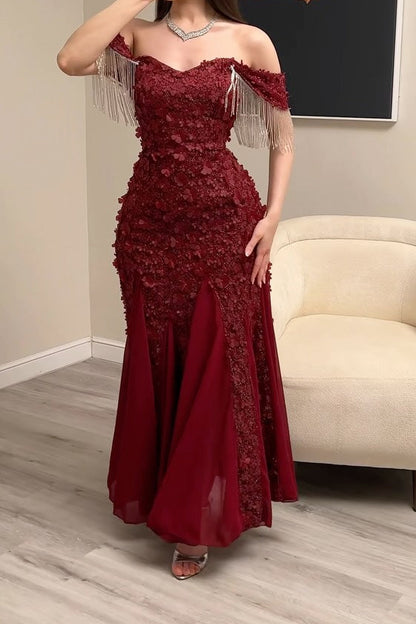 3D Floral Off-the-Shoulder Gown with Fringe