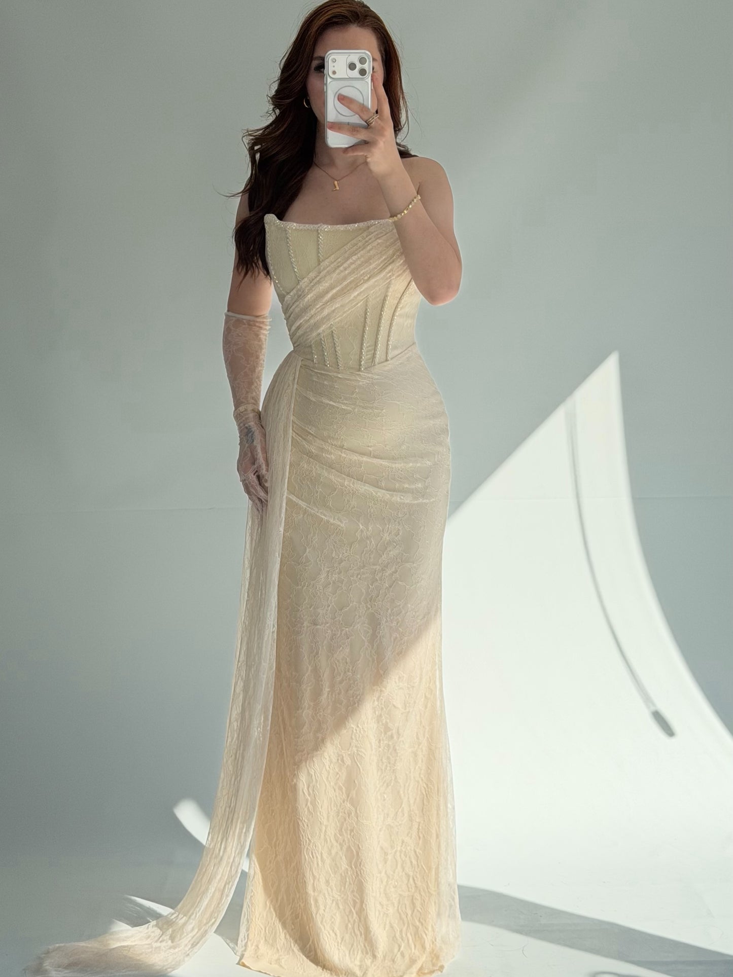 Strapless Lace Corset Evening Gown