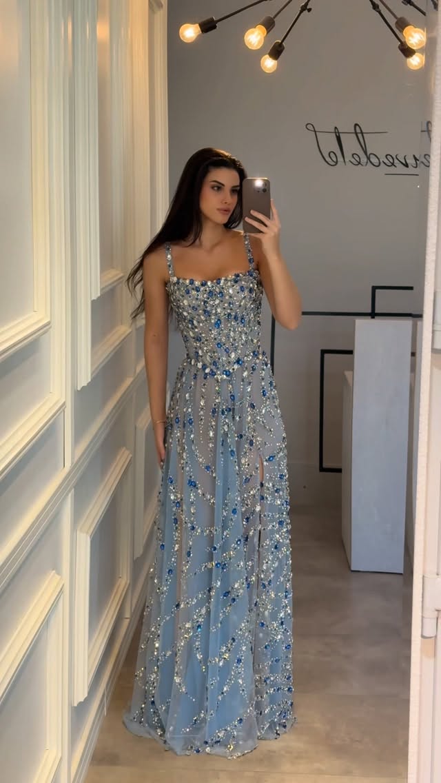 Crystal Embellished Spaghetti Strap Evening Gown