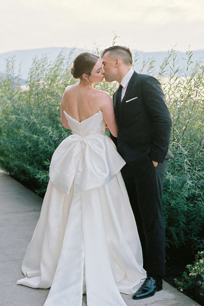 Strapless Satin A-Line Wedding Dress with Bow Train