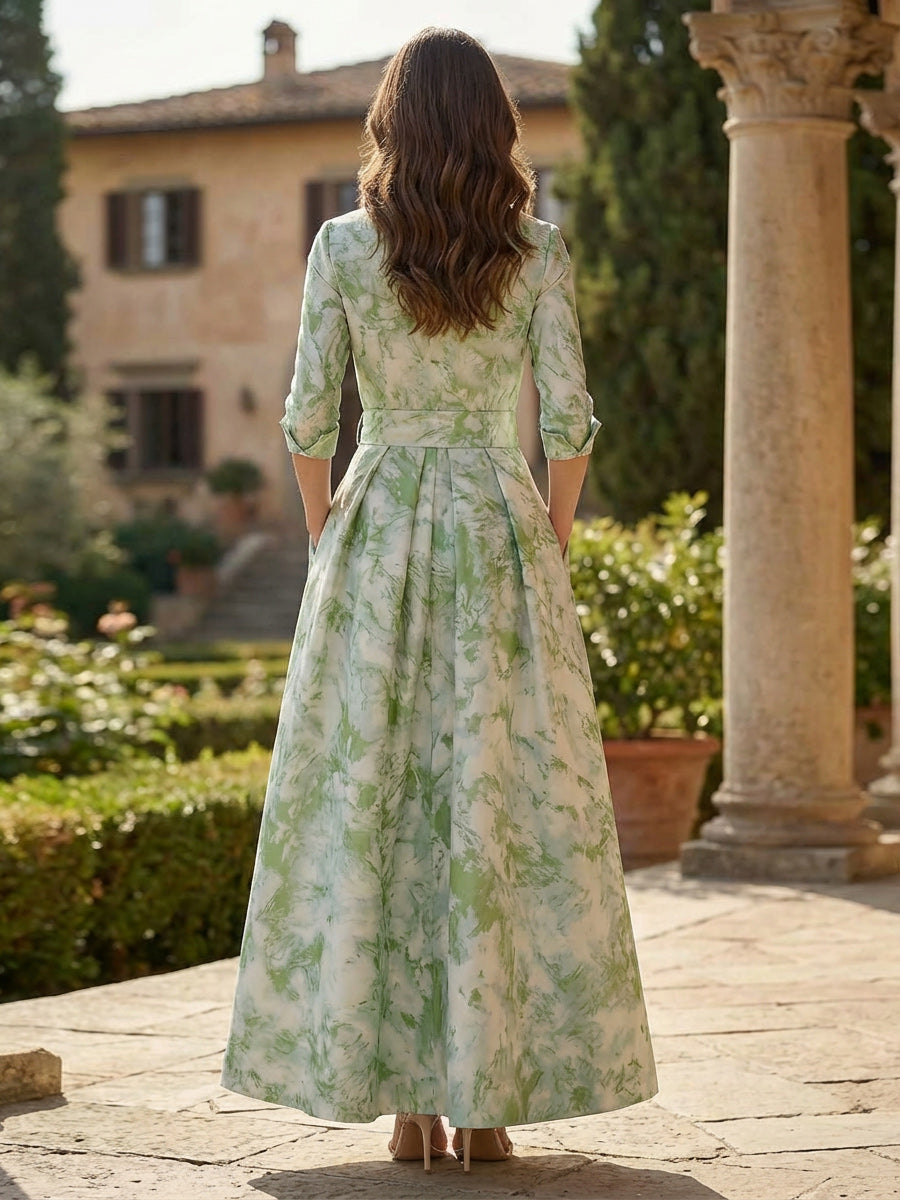 Vintage-Inspired Printed A-Line Maxi Shirt Dress