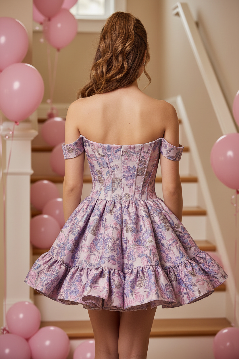 Off-the-Shoulder Corset Floral Jacquard Mini Dress