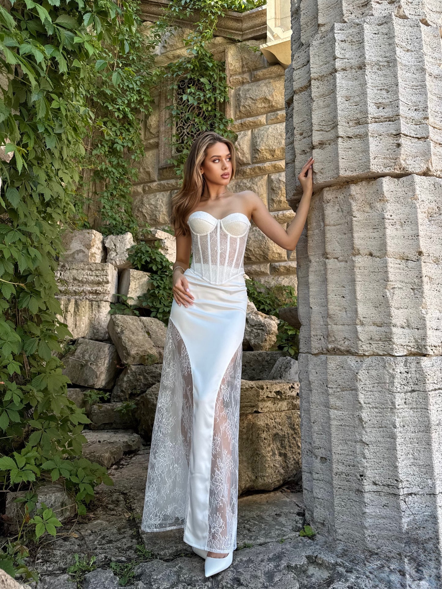 Strapless Corset Lace and Satin Sheath Bridal Gown