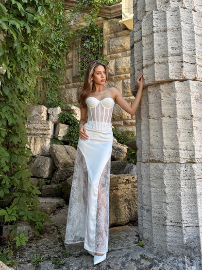 Strapless Corset Lace and Satin Sheath Bridal Gown
