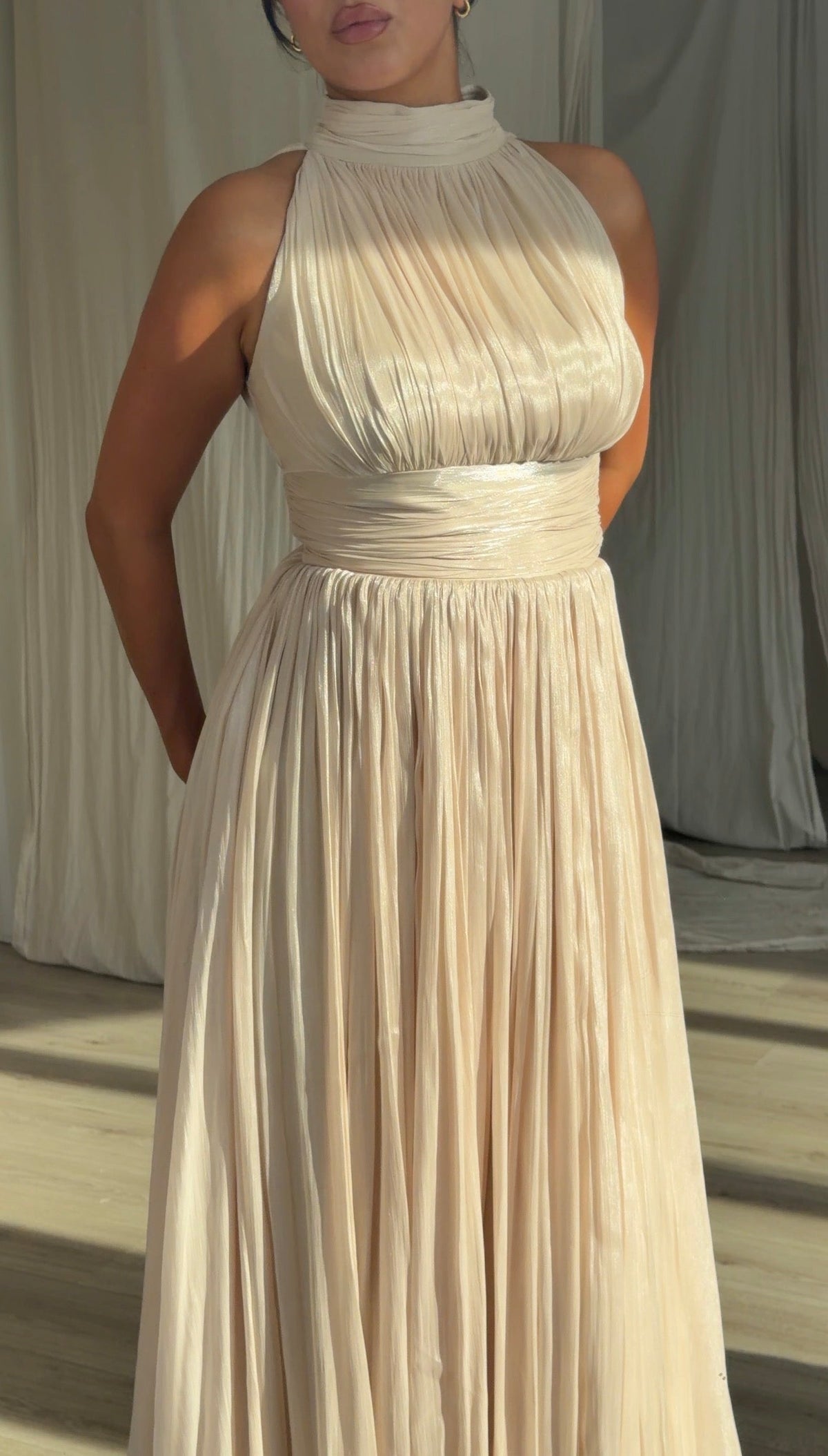 Pleated High-Neck Sleeveless A-Line Gown
