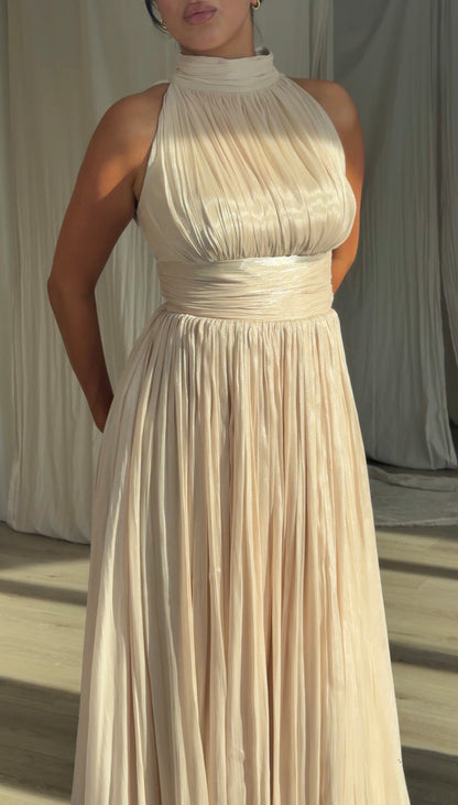 Pleated High-Neck Sleeveless A-Line Gown