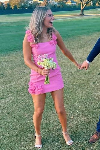 Square Neck Mini Dress with 3D Flower Appliques