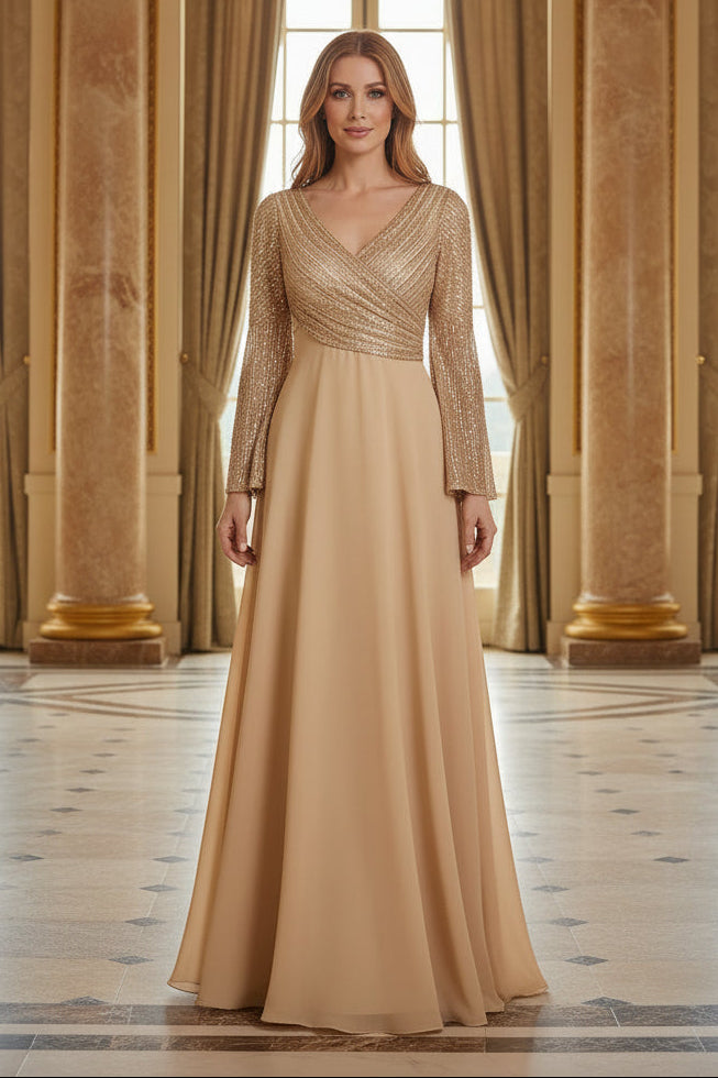 Sequin Surplice Long Sleeve A-Line Evening Gown