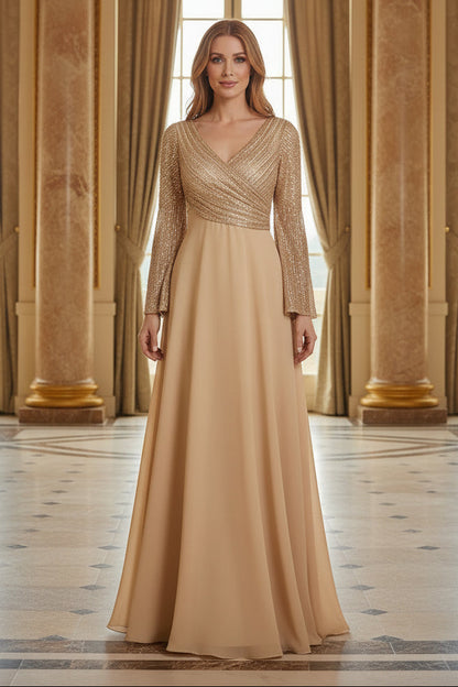 Sequin Surplice Long Sleeve A-Line Evening Gown
