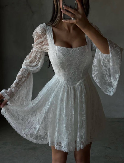 A-Line Square Neck Lace Mini Dress with Bell Sleeves