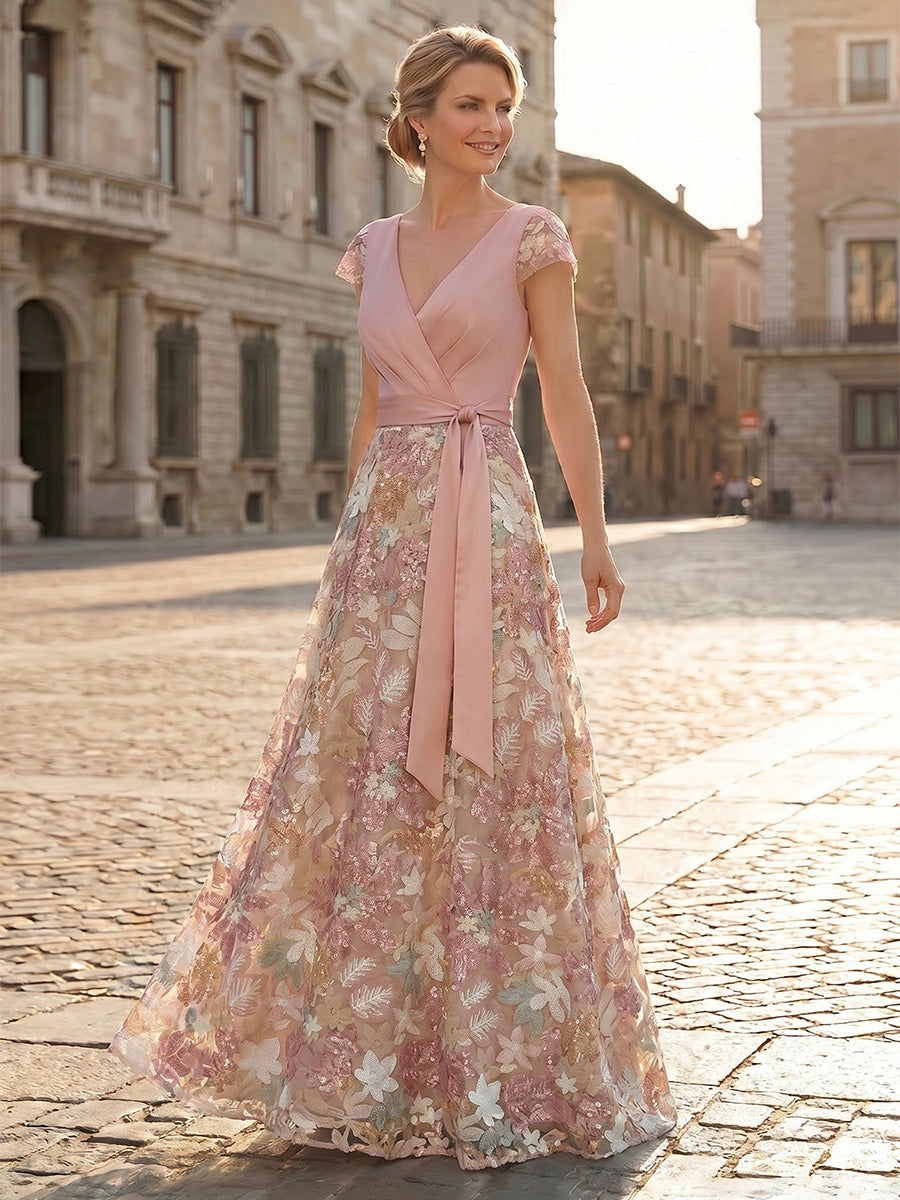 Floral Embroidery A-Line Evening Gown with Sash