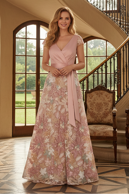 Floral Embroidery A-Line Evening Gown with Sash
