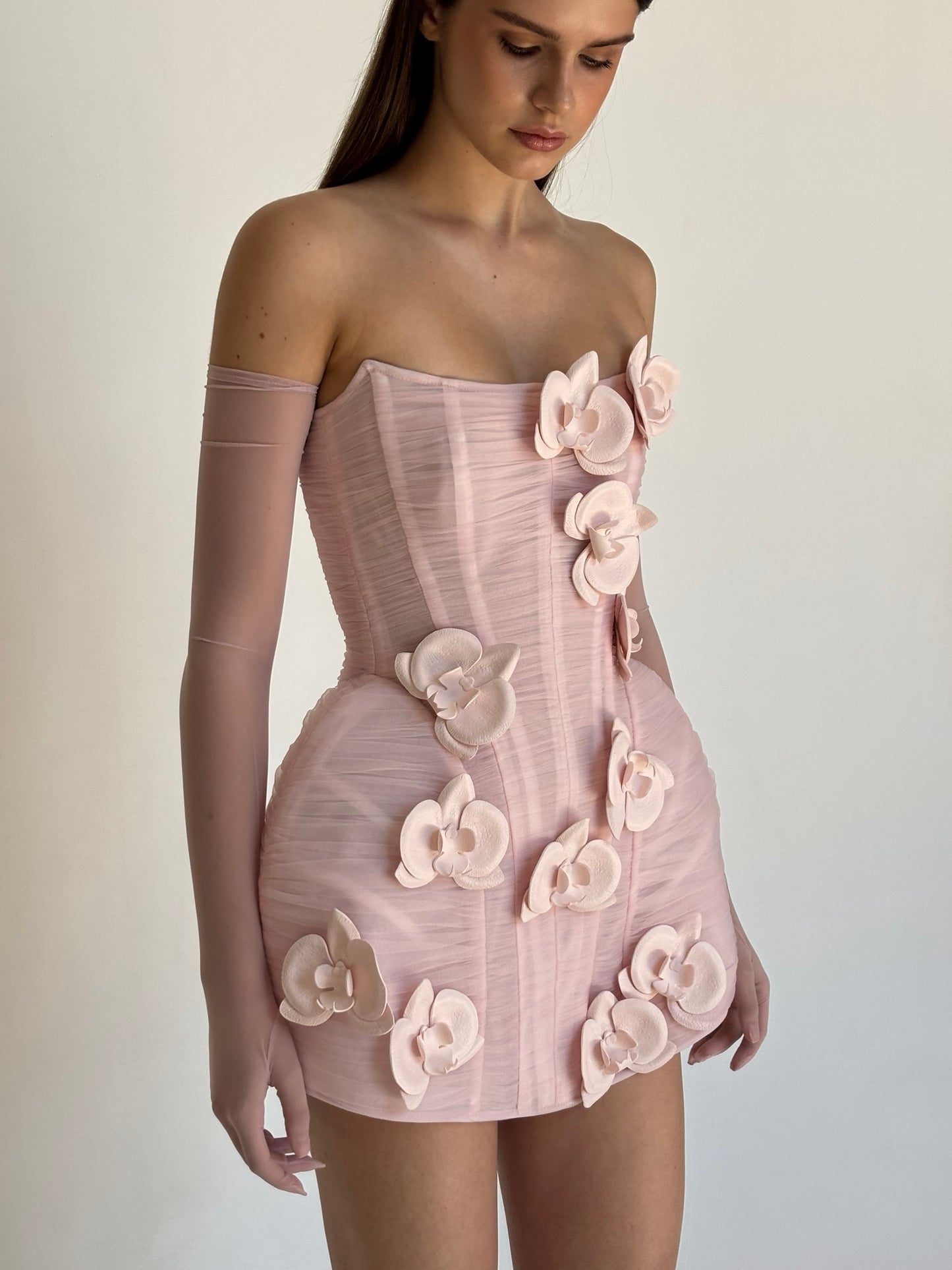 Corset Mini Dress with 3D Orchid Appliques