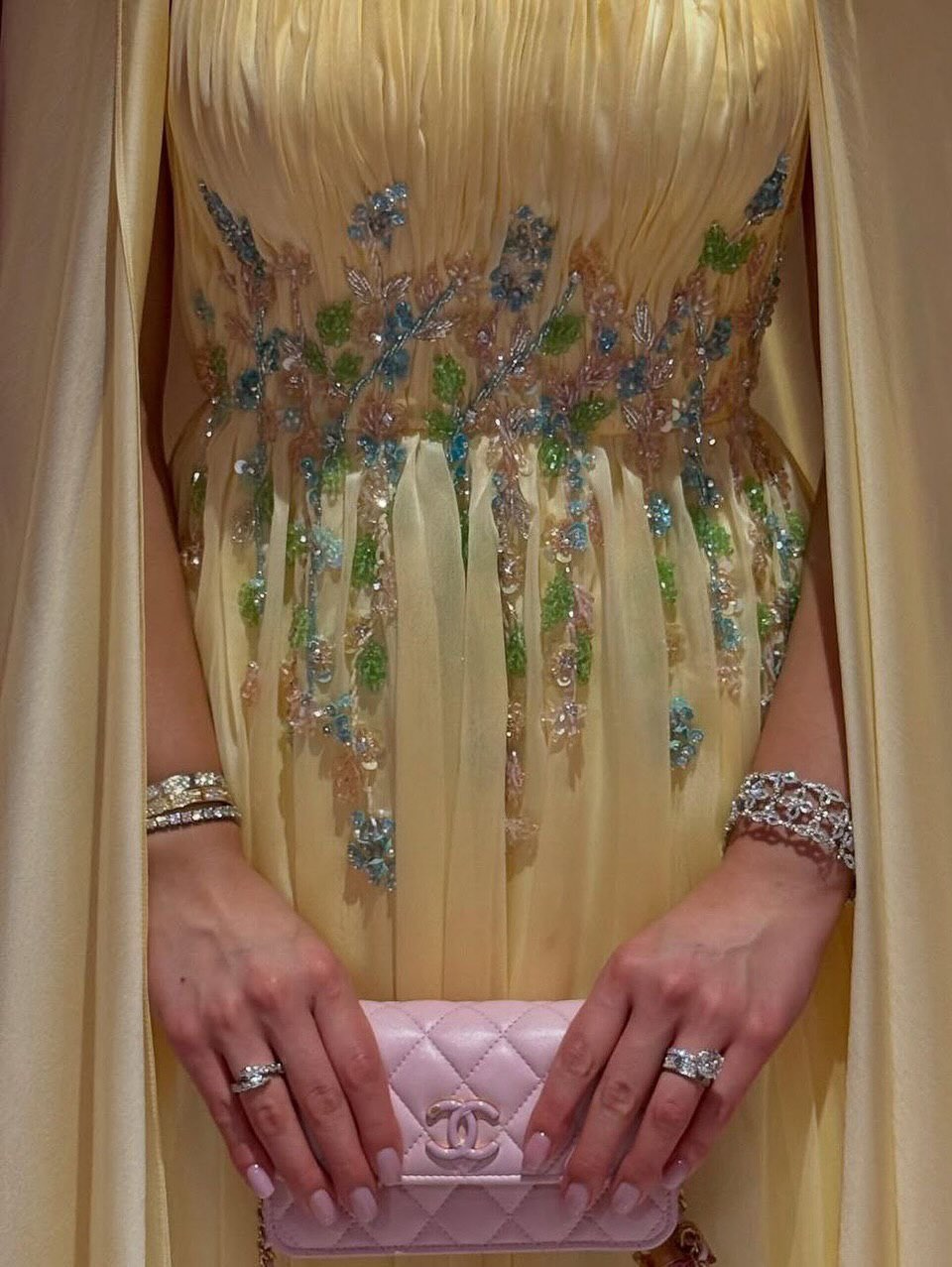 Embroidered Cape Sleeve Chiffon Evening Gown