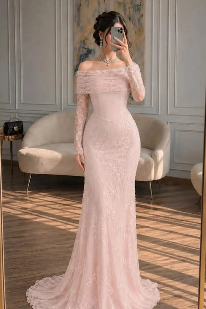 Off-the-Shoulder Lace Mermaid Gown with Long Sleeves
