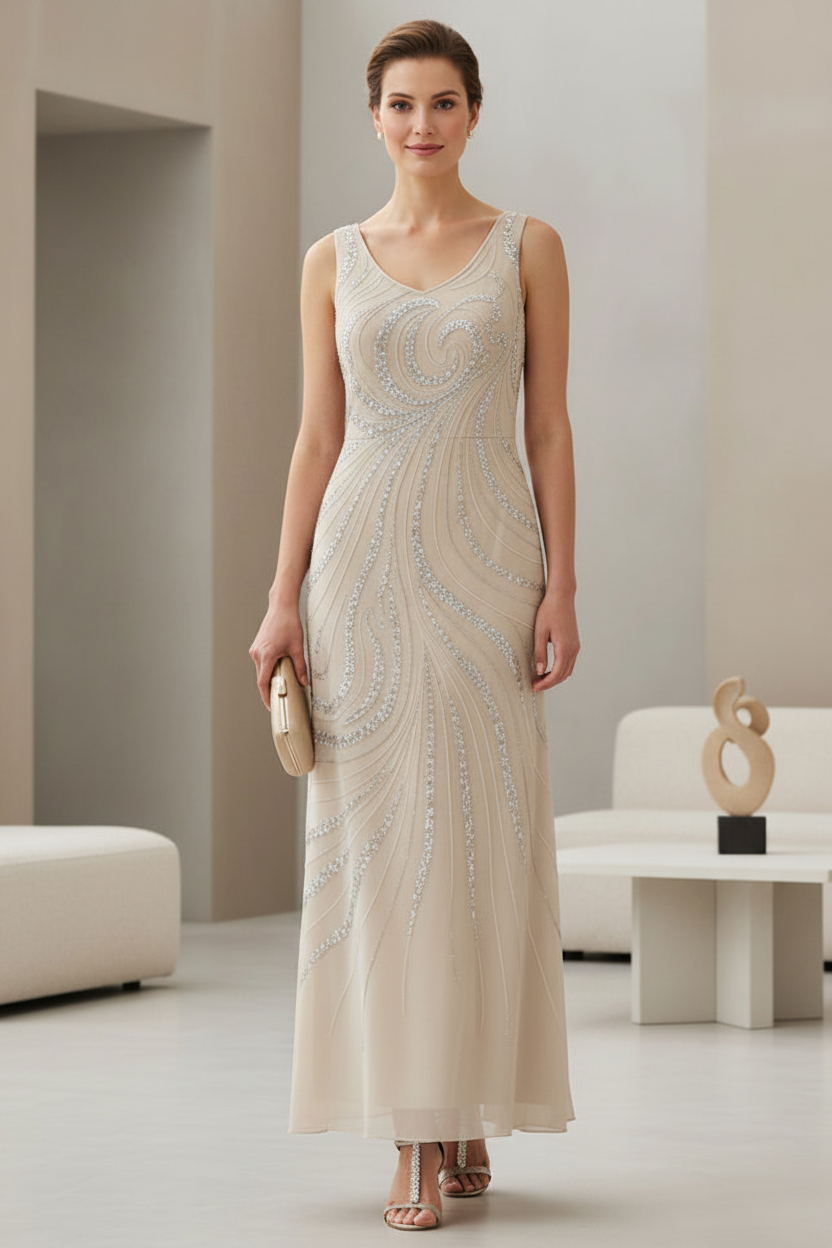 Champagne Chiffon Two-Piece Mother of the Bride Dress with Silver Sequin Embellishments