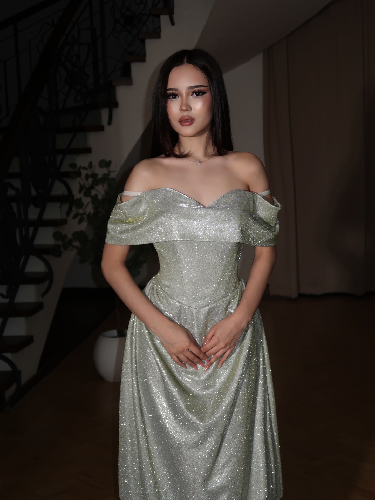 Off-The-Shoulder Corset Glitter Evening Gown