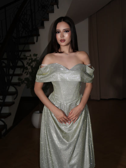 Off-The-Shoulder Corset Glitter Evening Gown