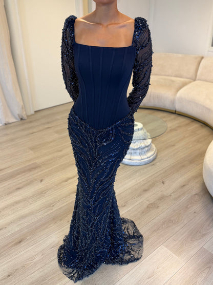Corset Beaded Mermaid Gown with Long Sleeves
