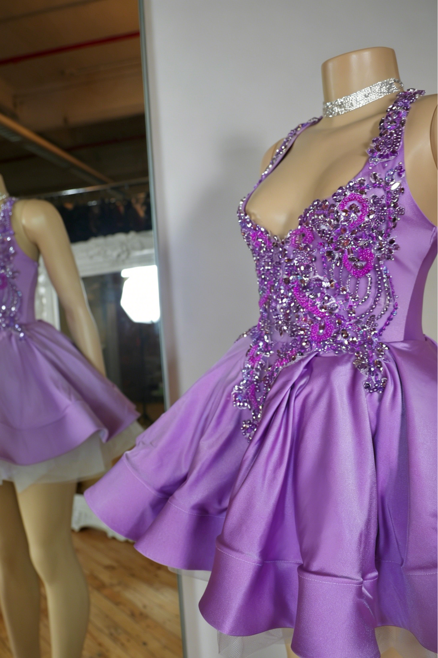 Crystal Beaded Halter Mini Dress with Full Skirt