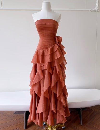 Strapless Asymmetrical Ruffled Evening Gown