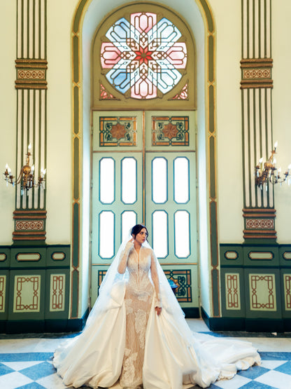 Beaded Lace Illusion Sheath Gown with Overskirt
