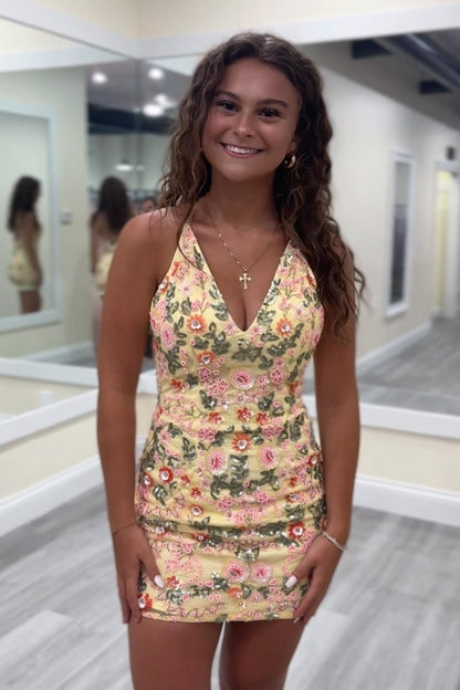 Floral Sequin V-Neck Mini Dress
