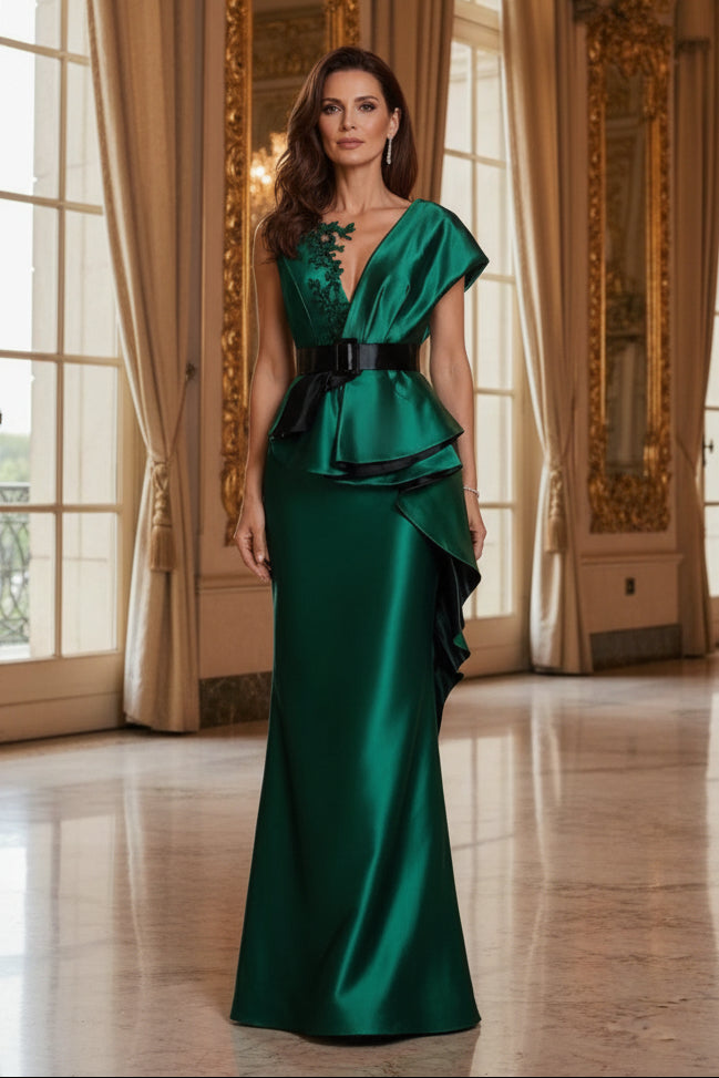 Asymmetrical Peplum Evening Gown with Appliqué