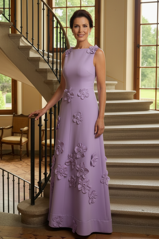 Sleeveless A-Line Maxi Dress with 3D Floral Appliques