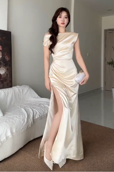 Off-the-Shoulder Ruched Satin Gown with High Slit