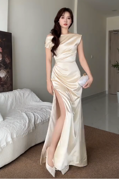 Off-the-Shoulder Ruched Satin Gown with High Slit