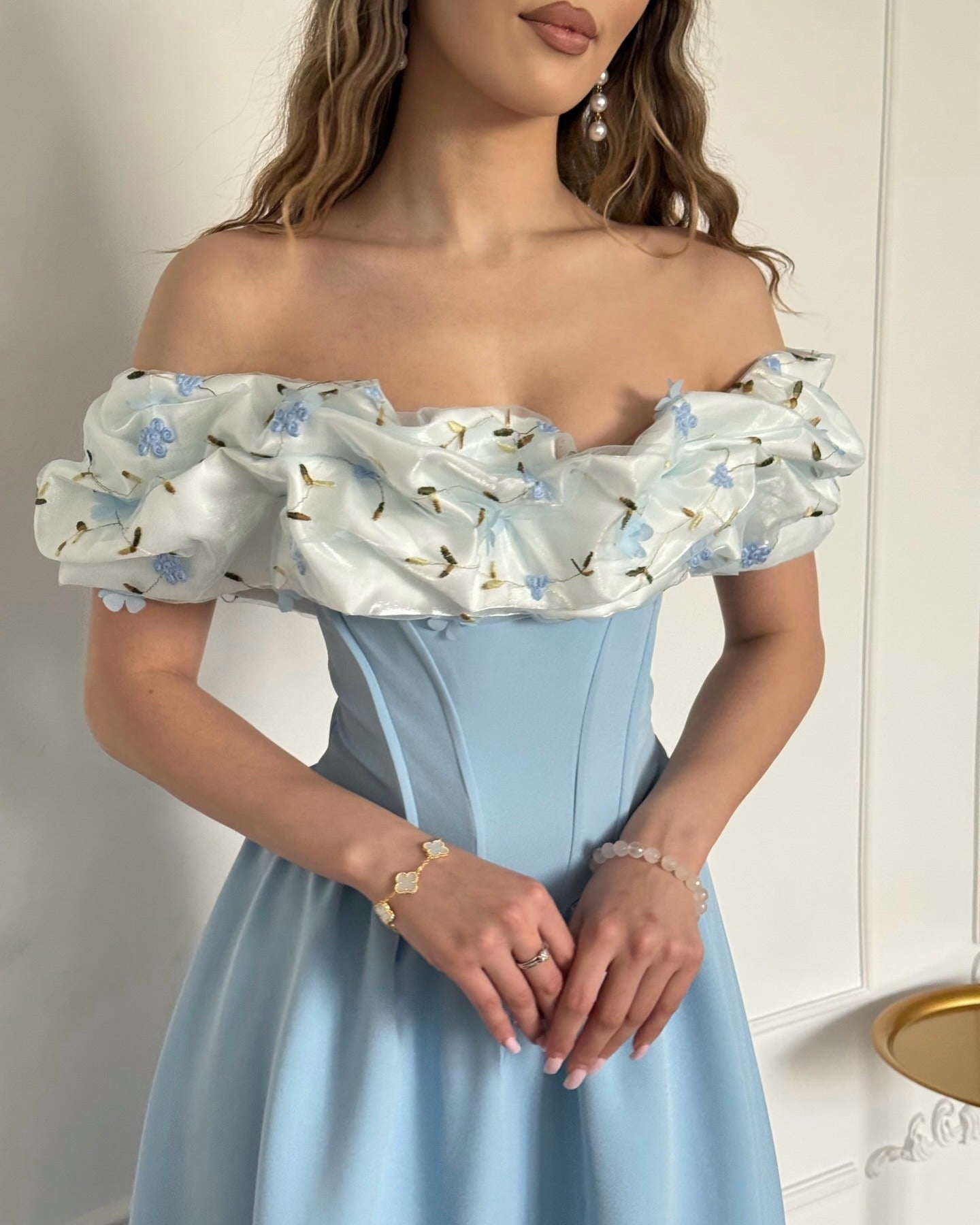 Off-the-Shoulder Corset Midi Dress with Floral Ruffle