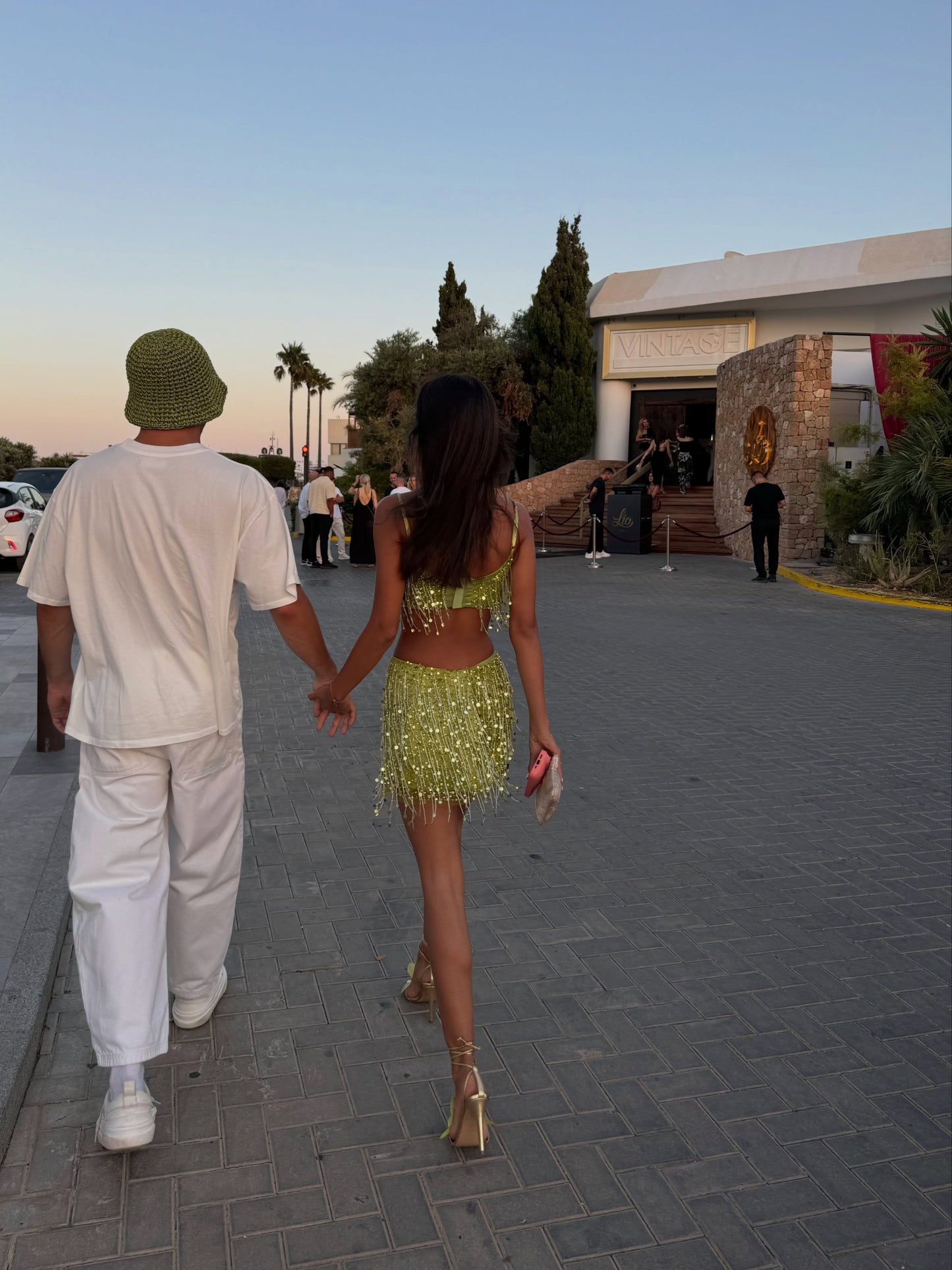 Two-Piece Sequin Fringe Crop Top and Mini Skirt Set