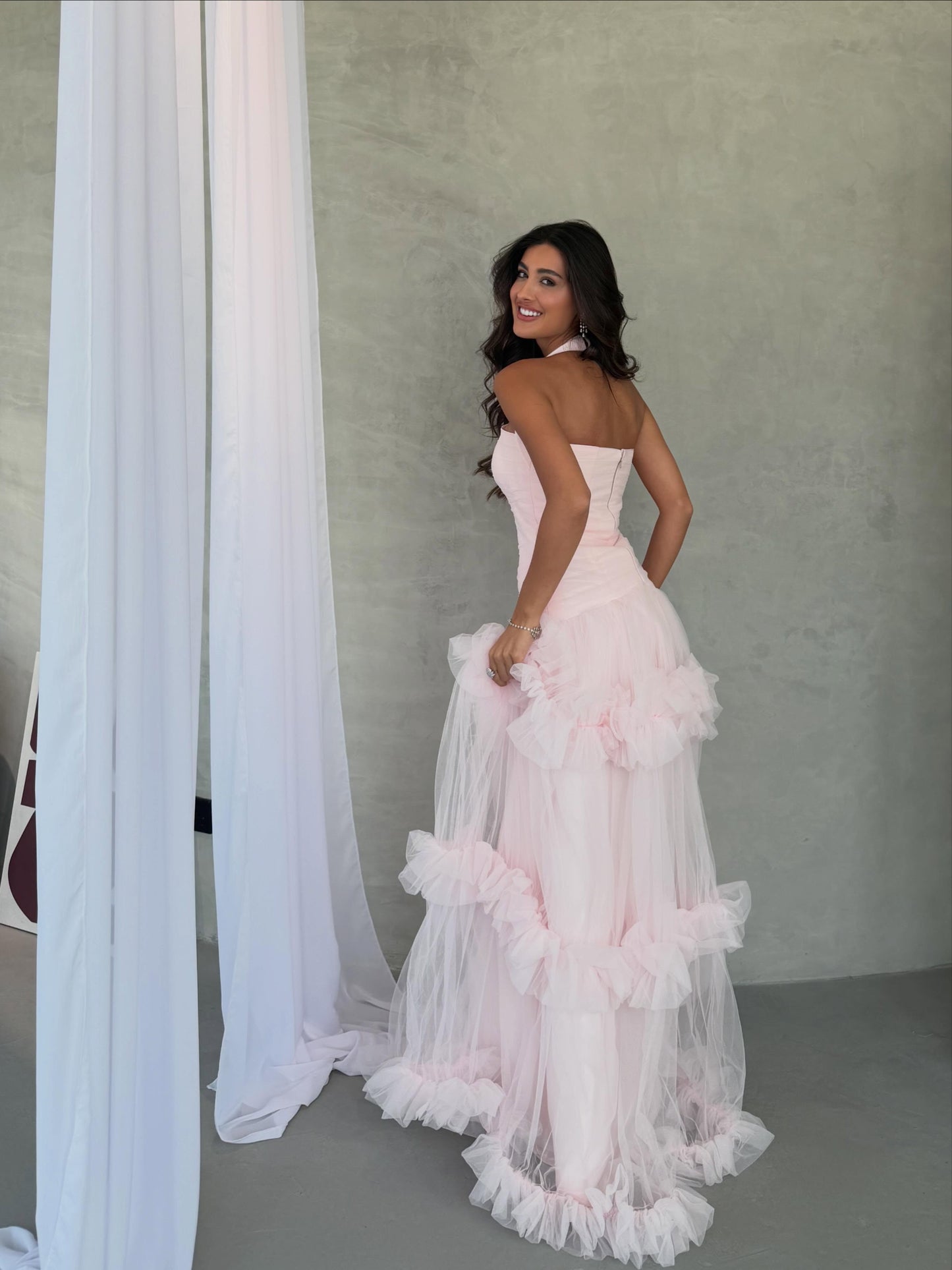 Tiered Tulle Ruffle Halter Evening Gown