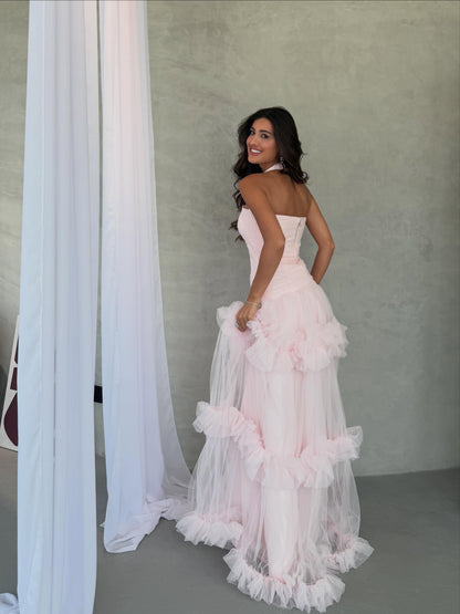 Tiered Tulle Ruffle Halter Evening Gown