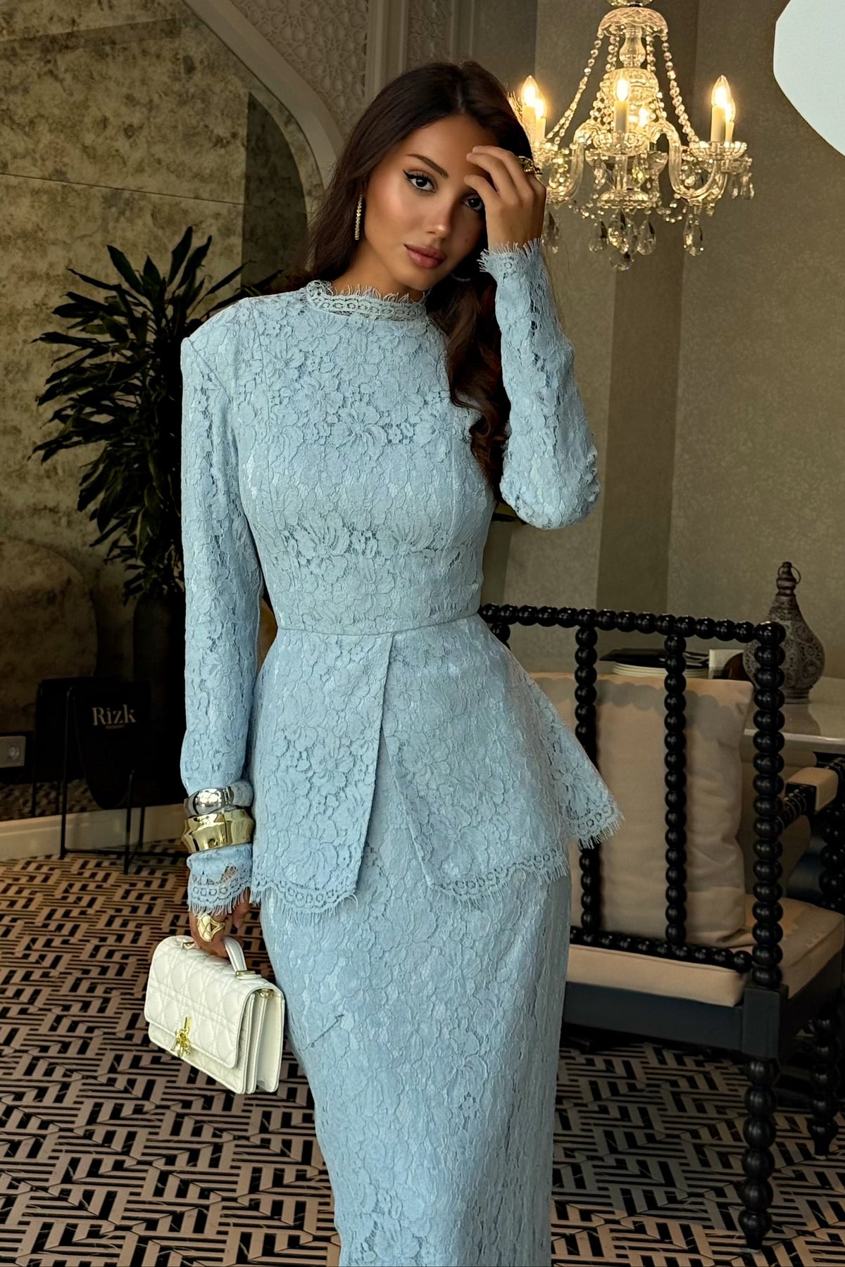 Lace Peplum Maxi Dress with Long Sleeves